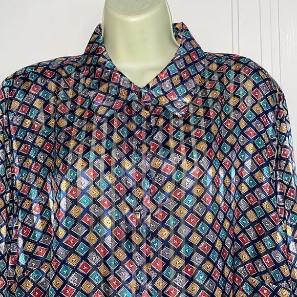 Vtg 80s/90s Yves St Clair 2 multi colored diamond print shiny blouse - Picture 2 of 10